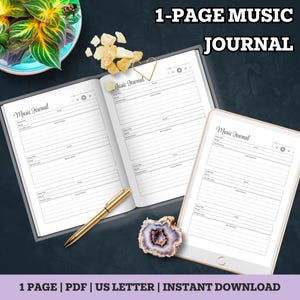 May include: A music journal with lined pages, a gold pen, and a tablet. The journal is open, displaying the words "Music Journal" and prompts for song title, artist, and notes. The text "1-PAGE MUSIC JOURNAL" is at the top.