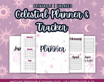 May include: Printable undated celestial planner and tracker with pink and white celestial designs. The planner includes monthly calendar pages for January through May, and weekly pages for February, April, and June. It also includes a June at-a-glance page.