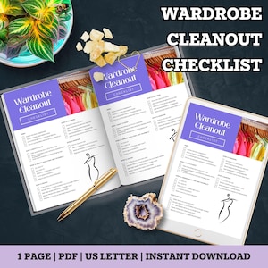 May include: A digital wardrobe cleanout checklist with a purple header and a minimalist design. The checklist is displayed on a tablet and two open pages. A gold pen and decorative items are also present. The text reads "Wardrobe Cleanout Checklist".