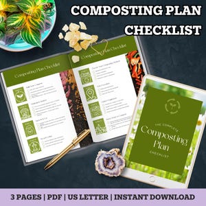 Könnte beinhalten: Ein Kompostplan-Checkliste mit dem Titel "Composting Plan Checklist" in fetten weißen Buchstaben. Die Checkliste befindet sich auf einem Tablet und einem gedruckten Dokument. Das Bild enthält auch einen goldenen Stift, einen dekorativen Stein und eine kleine Schale mit gelben Kristallen.
