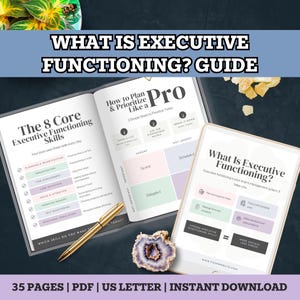 May include: A guide titled "What is Executive Functioning?" with pages detailing executive functioning skills and how to prioritize tasks. Includes a tablet and a pen. The guide is available in PDF format.
