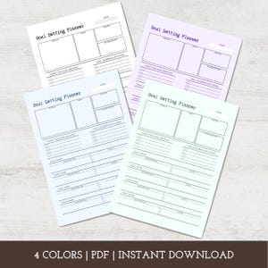 Può includere: Quattro fogli di pianificatori di definizione degli obiettivi in diversi colori pastello: bianco, lavanda, blu e verde menta. Ogni pianificatore ha sezioni per obiettivi, perché, note e passaggi. Il testo "Goal Setting Planner" è in cima a ogni foglio.