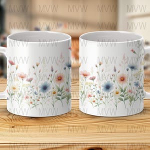 Floral Mug Wrap Design, Watercolor Mug Wrap Printable PNG, 11oz and 15oz PNG 300dpi Digital Download, Mug Wrap, Mug Design