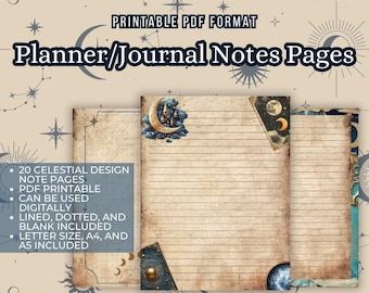 Könnte beinhalten: Druckbare Planer- oder Tagebuchseiten mit einem himmlischen Design mit Monden, Sternen und Wolken. Die Seiten sind in linierten, gepunkteten und leeren Stilen erhältlich. Der Text auf dem Bild lautet "Druckbares PDF-Format Planer-/Tagebuchnotizseiten 20 himmlische Designs Notizseiten PDF druckbar Kann digital verwendet werden Gelinete, gepunktete und leere Seiten enthalten Briefformat, A4 und A5 enthalten."
