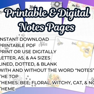 Páginas de notas imprimibles o digitales en formato PDF imprimible: tamaños carta, A4 y A5, con líneas, puntos y en blanco: abejas, gatos, brujas, flores y minimalistas