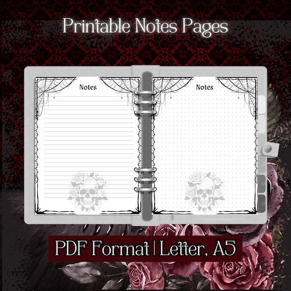 Goth Themed Notes Page | Lined, Dotted, and Blank | A5 & Letter Size PDF | Printable Journal Pages | Dark Gothic Planner Art