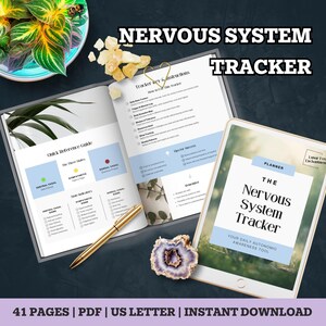 May include: An open notebook and a tablet display the title "Nervous System Tracker". The notebook pages include text and diagrams. A gold pen and a decorative stone are also visible. The text "41 Pages | PDF | US Letter | Instant Download" is at the bottom.