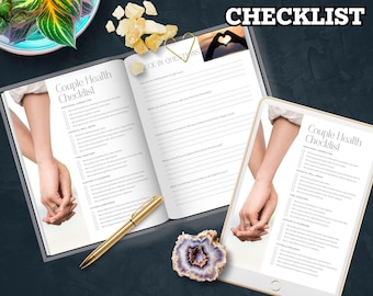 May include: A digital download titled "Couple Health Checklist" with a gold pen, a decorative stone, and a tablet displaying the checklist. The checklist includes sections for emotional connection, physical well-being, and more. The text "2 PAGES | PDF | US LETTER | INSTANT DOWNLOAD" is also visible.