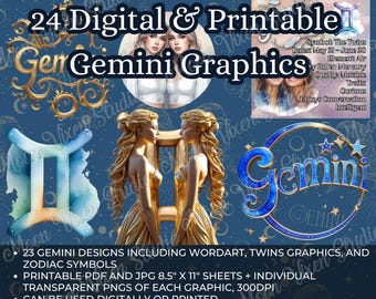 Colección del Zodíaco: Géminis / 23 Gráficos, Imágenes prediseñadas, Pegatinas digitales, Diario basura imprimible, Planificador, Astrología, Horóscopo, Los gemelos