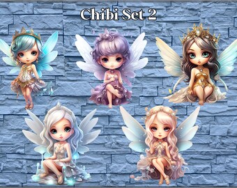 Chibi Set of Fairies in Clipart PNG Digital Art for Projects