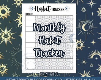 May include: A printable monthly habit tracker with a celestial theme. The tracker has a black and white design with a circle for each day of the month. The text "Habit Tracker" is at the top of the page, and the text "Monthly Habit Tracker" is in the center of the page. The text "Printable" is at the bottom of the page.