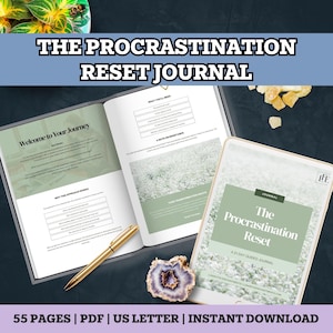May include: An open journal and a tablet displaying "The Procrastination Reset" journal cover. The journal is open to pages with text and a gold pen. The cover is green and white. The text "55 PAGES | PDF | US LETTER | INSTANT DOWNLOAD" is at the bottom.