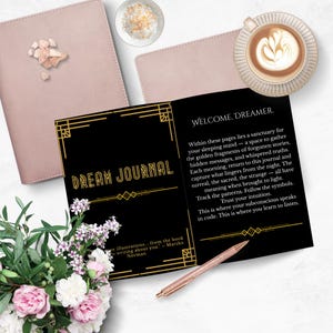 Traum Journal druckbar oder digital | Art Deco Schwarz & Gold mystisches Design | Verfolgen Sie Träume, Symbole, Mondphasen | A4, A5, Letter PDF