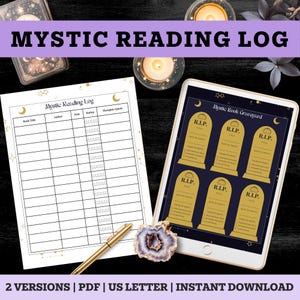 May include: A Mystic Reading Log printed on white paper with gold moon and star accents, alongside a tablet displaying a Mystic Book Graveyard template with six gold tombstone-shaped forms featuring R.I.P. text and fields for book details.