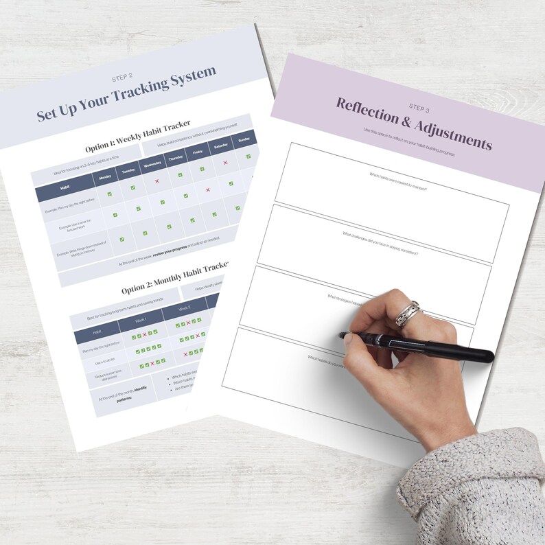May include: Two white sheets of paper with text and tables for tracking habits. One sheet says "Set Up Your Tracking System" and the other says "Reflection & Adjustments." A hand with a pen is writing on the second sheet.
