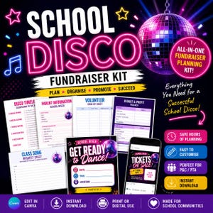 May include: A School Disco Fundraiser Kit, featuring a neon pink and purple design. The kit includes planning sheets, a budget tracker, and a ticket template. The image also features a disco ball and the text "Get Ready to Dance!"