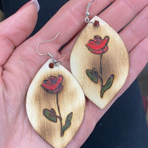 Rose Earrings - wood burn, wooden earrings, beauty and the beast, flowers