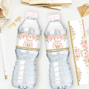 Pink and gold water bottle labels printable, boho floral first birthday party decoration, girl baby shower, modern watercolor flowers 001