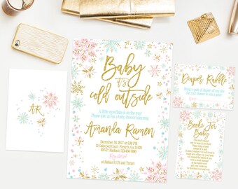 Winter baby shower invitation, baby its cold outside invitation, blue pink and gold, snowflakes invitation, diaper raffle, bring a book