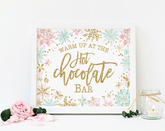 Hot chocolate bar printable sign, winter onederland first birthday party, blue pink and gold winter baby shower table decor instant download