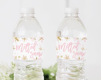 Melted snow water bottle labels, winter onederland first birthday party, winter wonderland girl baby shower, bridal pink and gold snowflakes