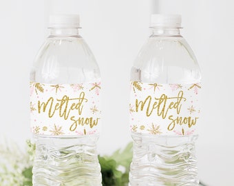 Melted snow water bottle labels, winter onederland first birthday party, winter wonderland girl baby shower, bridal pink and gold snowflakes