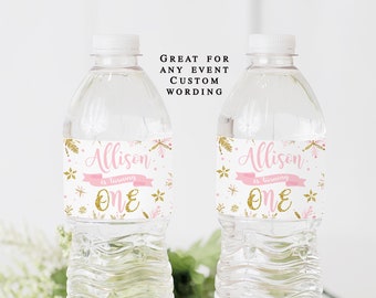 Any wording, Winter onederland water bottle labels printable, pink and gold first birthday party, winter wonderland girl baby shower decor