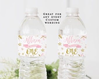 Any wording, Winter onederland water bottle labels printable, pink and gold first birthday party, winter wonderland girl baby shower decor