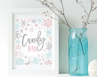 Candy bar sign printable, winter onederland first birthday party, blue pink and silver watercolor snowflakes, winter baby shower