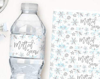 Melted snow water bottle labels, winter onederland first birthday party, winter wonderland boy baby shower, blue and silver snowflakes