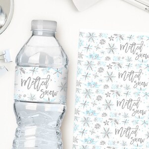 Melted snow water bottle labels, winter onederland first birthday party, winter wonderland boy baby shower, blue and silver snowflakes