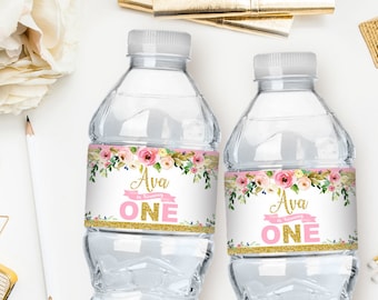 Boho floral water bottle labels printable, pink and gold first birthday party, baby shower, watercolor flowers, No. 009