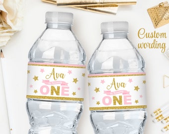Twinkle twinkle little star water bottle labels printable, pink and gold first birthday party, baby shower water bottle labels, personalized