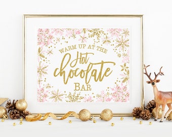 Hot chocolate bar sign, pink and gold winter onederland first birthday party, winter wonderland girl baby shower, instant download