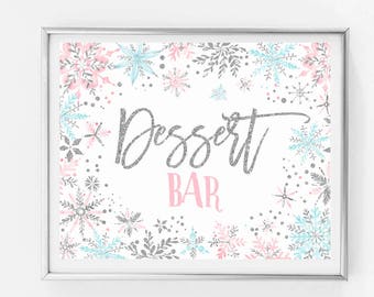 Dessert bar sign printable, winter onederland first birthday party, blue pink and silver watercolor snowflakes, winter baby shower