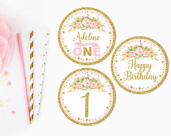 Pink and gold cupcake toppers printable, boho floral first birthday party tags, baby shower decorations, sweet 16 stickers, No. 001