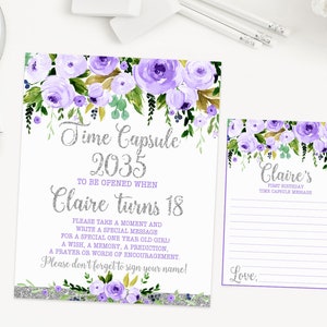 Letrero y tarjetas para el primer cumpleaños de una niña, cápsula del tiempo, primer cumpleaños, lavanda y plata, flores de acuarela, impresión imprimible 007