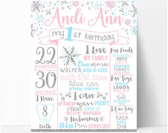 Winter onederland first birthday chalkboard sign, girl pink blue and silver first birthday board winter wonderland birthday poster printable