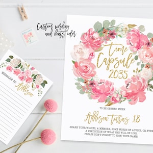 Cartel de primer cumpleaños con cápsula del tiempo y tarjetas, fiesta de primer cumpleaños de niña, corona floral, peonías de flores de acuarela, impresión imprimible 006