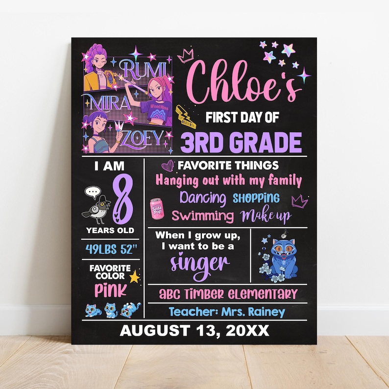 May include: A black chalkboard-style sign with the text "Chloe's First Day of 3rd Grade." It includes the child's age, height (52 inches), and weight (49 lbs). Favorite things and a singer aspiration are also listed.