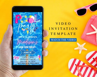 Pool Party Birthday Video Invitation, Editable Phone Invite, Animated Neon Birthday Evite, Canva Template, Digital, Instant Download