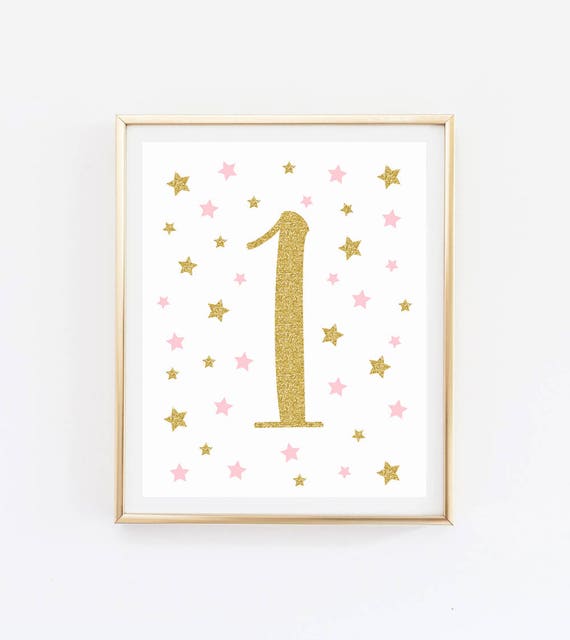 First Birthday Sign, Number One Sign, Twinkle Twinkle Little Star First  Birthday, Pink and Gold Glitter, Instant Download 