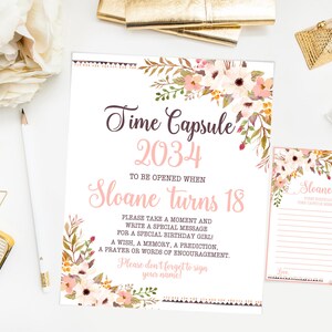 Letrero para primer cumpleaños con diseño de cápsula del tiempo de Boho, fiesta de cumpleaños floral, flores de acuarela, coral claro, impresión imprimible