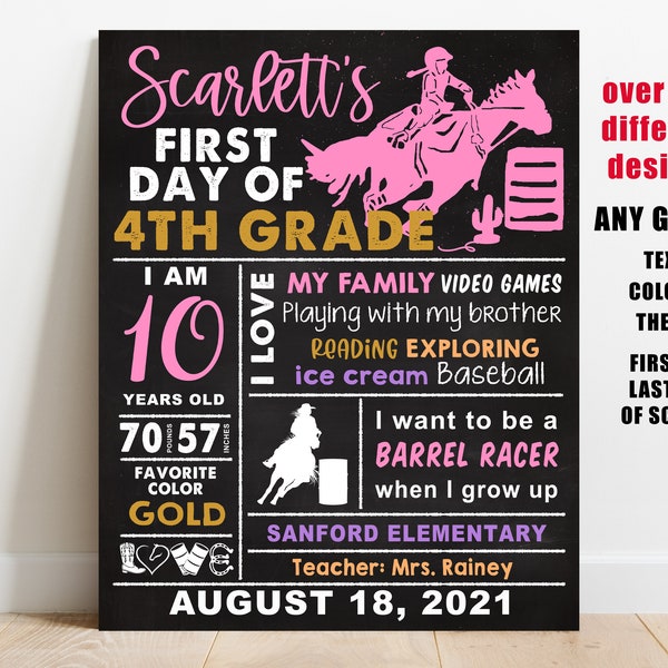 Barrel racing First day of school sign printable, girl back to school chalkboard poster, 1st 2nd 3rd 4th 5th 6th grade, Horse, digital file