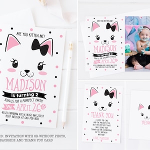 Verjaardagsuitnodiging kitten, kattenuitnodiging, Kitty-uitnodiging, eerste verjaardagsuitnodiging, roze en zwarte uitnodiging met foto, bedankkaart