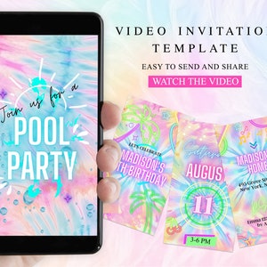 Pool Party Birthday Video Invitation, Editable Phone Invite Animated Glow Neon Birthday Party Canva Template Summer Tie Dye Instant Download