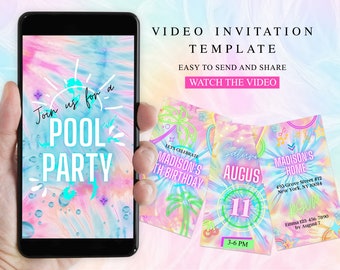 Pool Party Birthday Video Invitation, Editable Phone Invite Animated Glow Neon Birthday Party Canva Template Summer Tie Dye Instant Download