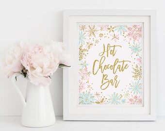 Hot chocolate bar printable sign, winter onederland first birthday party, blue pink and gold winter baby shower table decor instant download