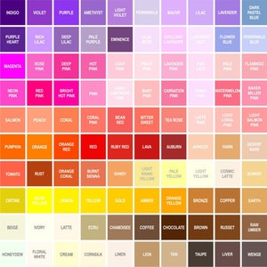 May include: A color chart with 144 squares, each representing a different shade of color. The colors are arranged in rows and columns, with the lightest shades at the top and the darkest shades at the bottom. The chart includes a variety of colors, including white, black, gray, red, orange, yellow, green, blue, purple, pink, and brown.