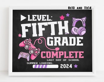 Last day of 5th grade sign printable, Gamer Girl End of school year 2024 Video game chalkboard poster Digital file Instant download